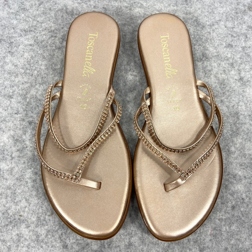Toscanella Jojo Rose Champagne Gold Rhinestone Thong Sandal Flip Flop Womens 10